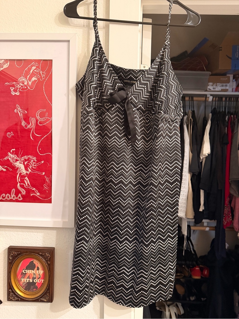 Guess Black and White Chevron Midi Dress with Satin Bow